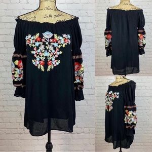 R. Vivimos Off Shoulder Embroidered Lantern Sleeve Tunic